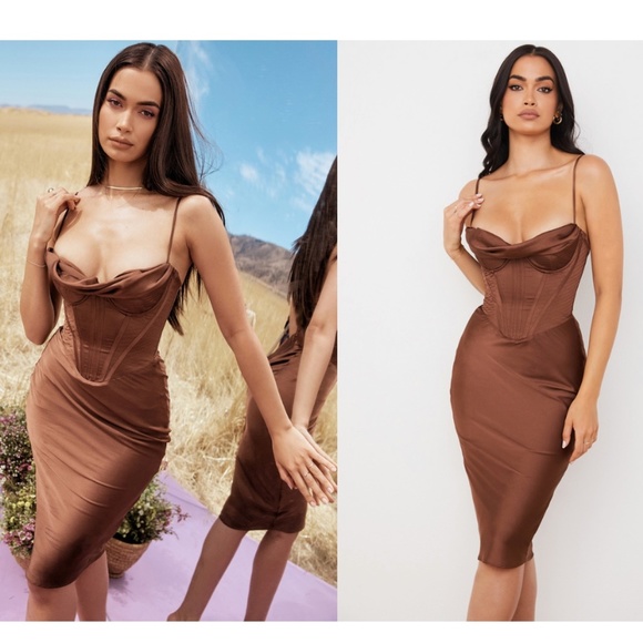 HOUSE OF CB S D-DD 'Myrna' Chocolate Satin Corset‎ Slip Dress NWOT - Picture 2 of 12